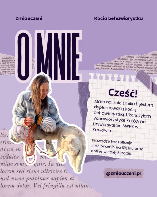 Zmiauczeni. Tu zaczyna się rozmowa między Tobą a kotem.
Cześć! Skoro tu jesteś, prawdopodobnie szukasz sposobu na lepsze porozumienie ze swoim mruczkiem. Jestem Emilia i na tych kilku slajdach zebrałam najważniejsze informacje o tym, jak mogę Cię wesprzeć w procesie poprawy kociego dobrostanu stacjonarnie na Śląsku oraz online.

Zrozumienie potrzeb kota jest fundamentalne, dlatego w karuzeli znajdziesz szczegóły dotyczące mojego wykształcenia oraz zakresu pomocy.

💭 Z jakim największym wyzwaniem mierzysz się obecnie w opiece nad swoim kotem?
💭 Czy jest jakieś zachowanie Twojego mruczka, które spędza Ci sen z powiek?

Daj znać w komentarzu lub wyślij wiadomość prywatną. Chętnie pomogę Wam odzyskać harmonię i spokój.💜

#kocibehawiorysta #kocibehawioryzm #kociabehawiorystka #slask #kociamama