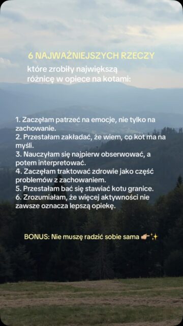 Im dłużej pracuję z kotami, tym bardziej widzę, że dobra opieka nie polega na znajomości wszystkich odpowiedzi.
Dużo większą różnicę zrobiło u mnie kilka zmian w sposobie patrzenia na kota:
🐈 zaczęłam patrzeć na emocje, nie tylko na zachowanie
🐈 przestałam zakładać, że wiem, co kot ma na myśli
🐈 nauczyłam się najpierw obserwować, a potem interpretować
🐈 zaczęłam traktować zdrowie jako część problemów z zachowaniem
🐈 przestałam bać się stawiać kotu granic
🐈 zrozumiałam, że więcej aktywności nie zawsze oznacza lepszą opiekę.
A bonusowo: nie muszę radzić sobie sama.
Można bardzo kochać swojego kota, dużo o nim czytać i nadal trafić na sytuację, w której trudno samodzielnie zrozumieć, co właściwie się dzieje.
I właśnie wtedy warto poprosić o pomoc behawiorystę. Nie dlatego, że sobie nie radzisz. Czasami druga perspektywa pozwala zobaczyć coś, czego z bliska po prostu nie widać.
Jeśli utknęłaś z zachowaniem swojego kota, możesz też przyjść z tym do mnie 🐈
#behawiorysta #kociamama #kochamkoty #kocieżycie #catcare